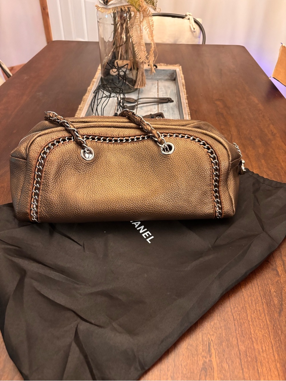 Metallic Bronze Chain-Trim Bowler Boston Leather Shoulder Bag